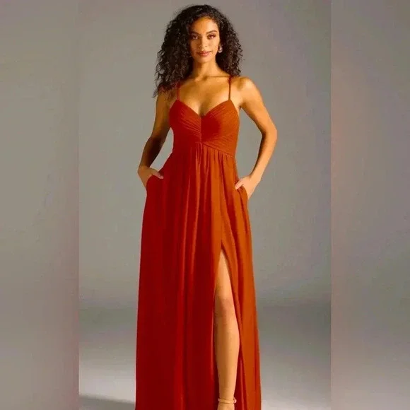 Azazie Paprika Aline Pleated Chiffon Dress in Size A16 - Picture 1 of 11